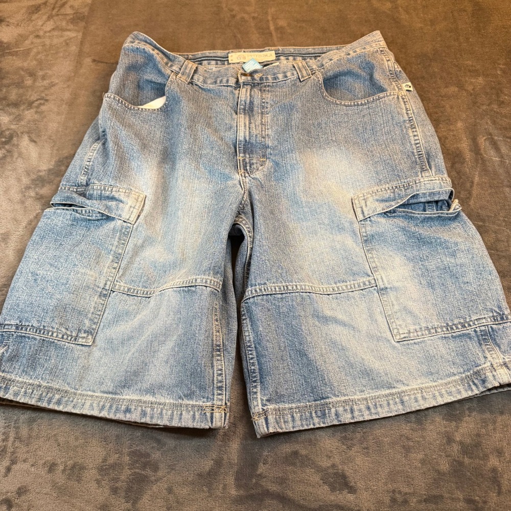 PHYS SCI Denim Cargo Shorts Mens Size 36 Light Wash Relaxed Fit Baggy Y2K